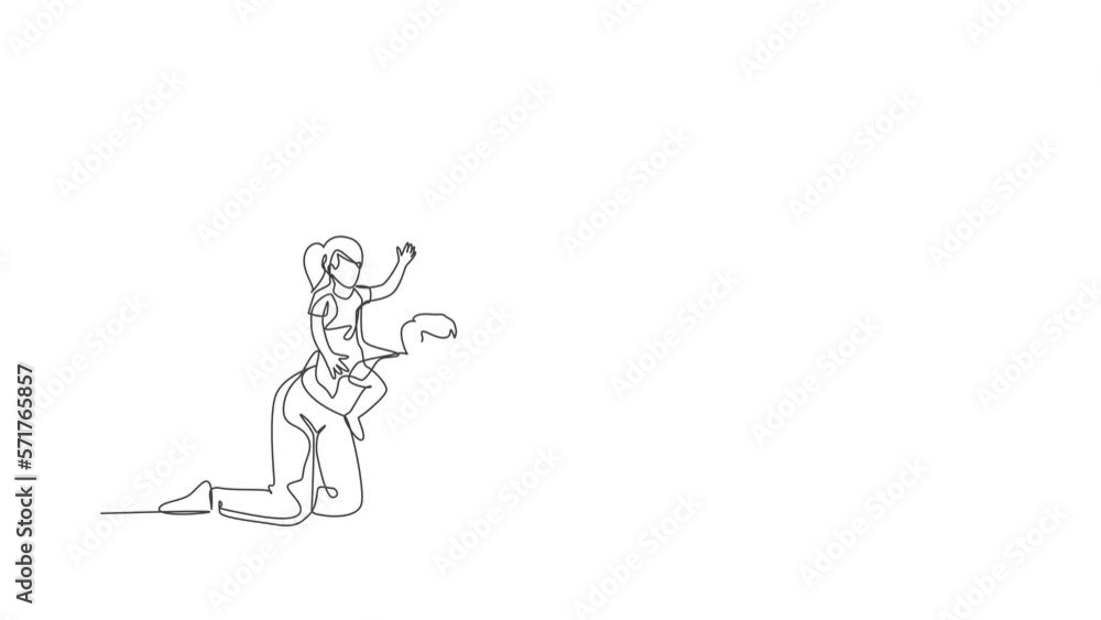 Animated self drawing of one continuous line draw young happy daughter playing with her father at home, siting and riding on father's back. Family parenting concept. Full length single line animation. Animated self drawing of one continuous line draw young happy daughter playing with her father at home, siting and riding on father's back. Family parenting concept. Full length single line animation.