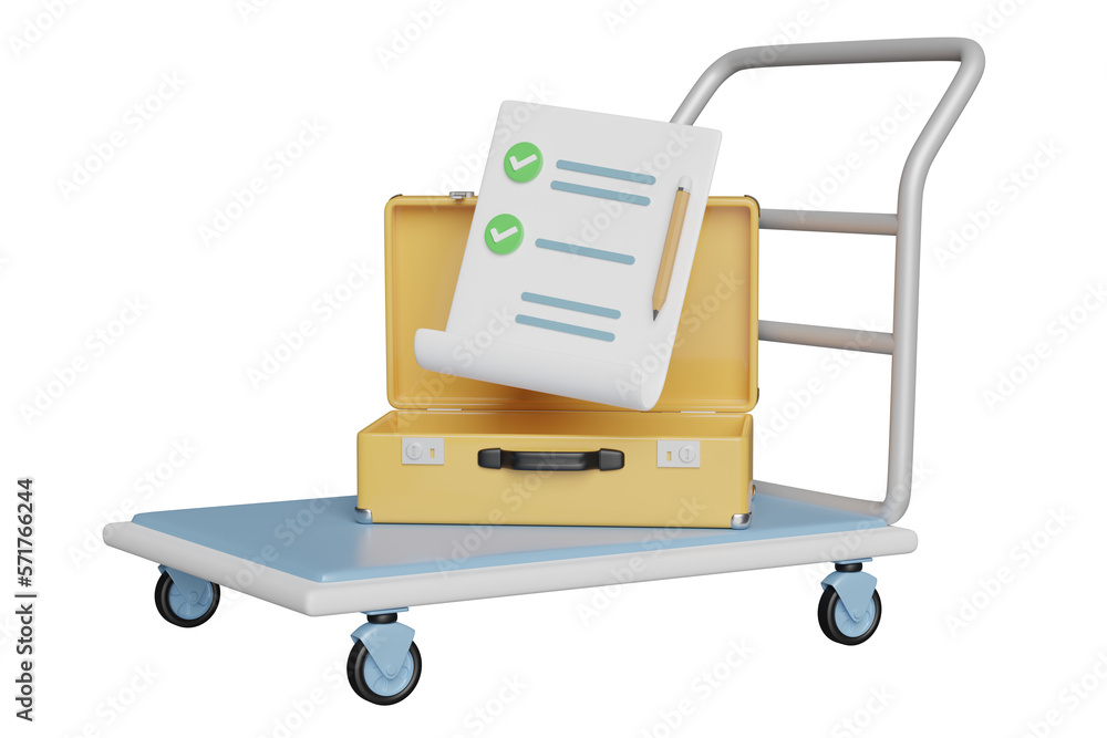 3d airport trolley yellow suitcase icon with warehouse trolley, clipboard, checklist, check, list, pencil isolated. summer travel, trip concept, 3d render illustration 3d airport trolley yellow suitcase icon with warehouse trolley, clipboard, checklist, check, list, pencil isolated. summer travel, trip concept, 3d render illustration