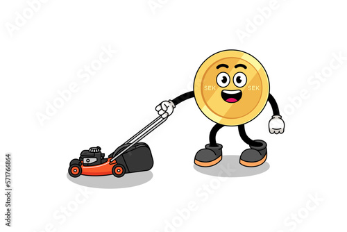 swedish krona illustration cartoon holding lawn mower