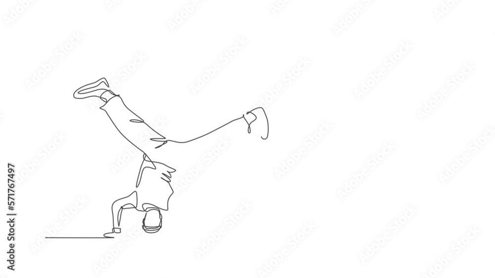 Animated self drawing of single continuous line draw young energetic hip-hop dancer man practice head stand break dancing in street. Urban generation lifestyle concept. Full length one line animation. Animated self drawing of single continuous line draw young energetic hip-hop dancer man practice head stand break dancing in street. Urban generation lifestyle concept. Full length one line animation.
