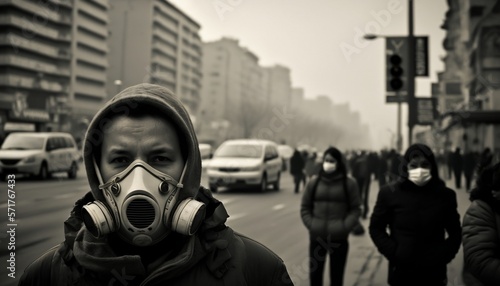 People in masks in polluted smoked city