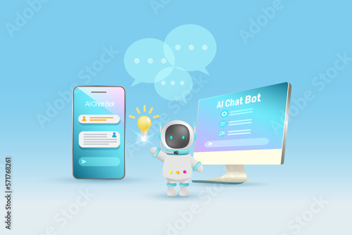 AI chat bot on computer generate smart solution answer to user. Artificial intelligence robot answer questions provide smart refinement conversation and ideas. 3D vector.