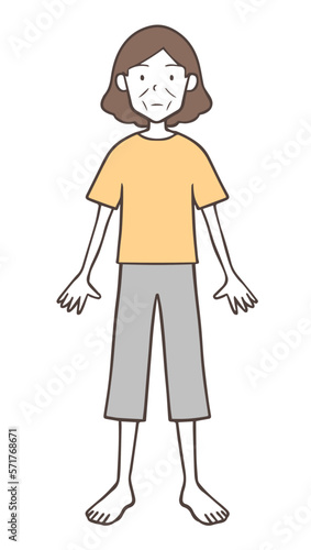 裸足の痩せてげっそりしている中年女性、シンプル