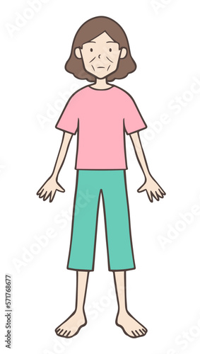 裸足の痩せてげっそりしている中年女性