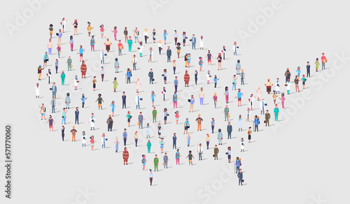 US Population Creative Concept on United States Map. Large Crowd of Different People Standing Together in a Shape of USA Country Symbol. Multicultural American Community, And Globalization. 