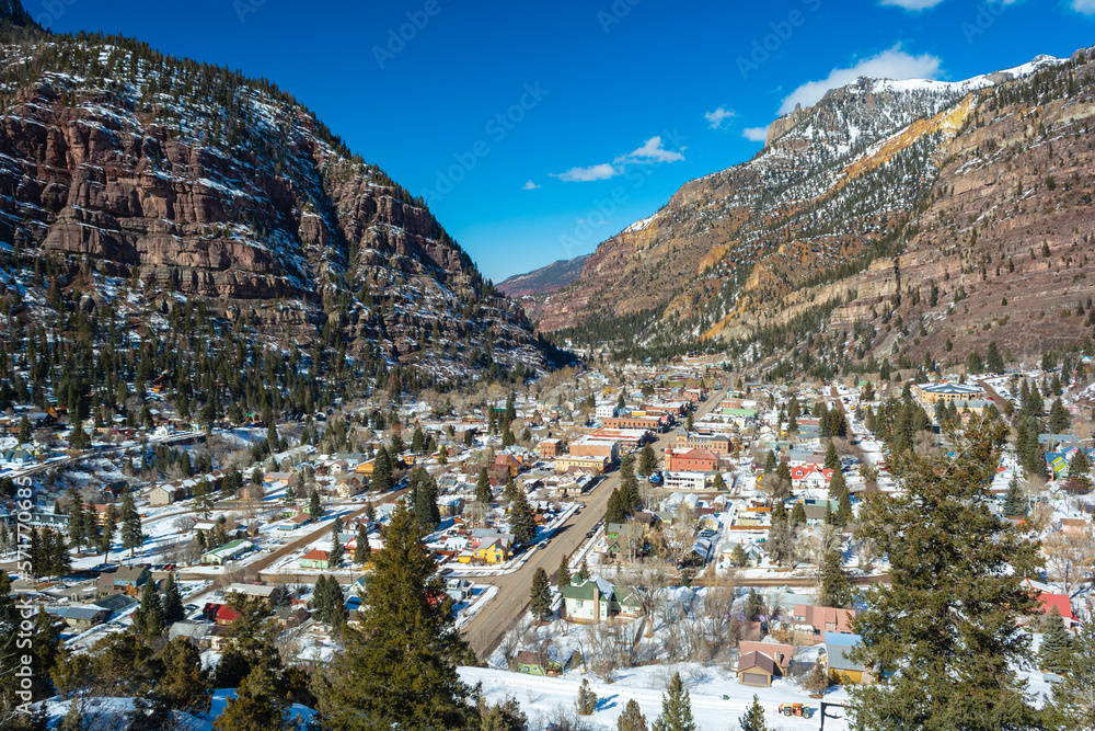 Ouray, Colorado on a Sunny Day with Snow
