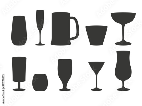 Silhouettes of various glassware isolated on white background. Illustration on transparent background
