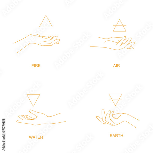 Hands hold symbols of alchemical elements - fire, air, water, earth. Collection of mystical signs. Illustration on transparent background photo