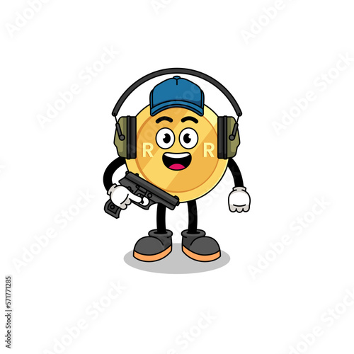 Character mascot of south african rand doing shooting range
