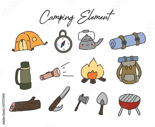 Camping adventure flat elements A collection of camping elements in hand-drawn