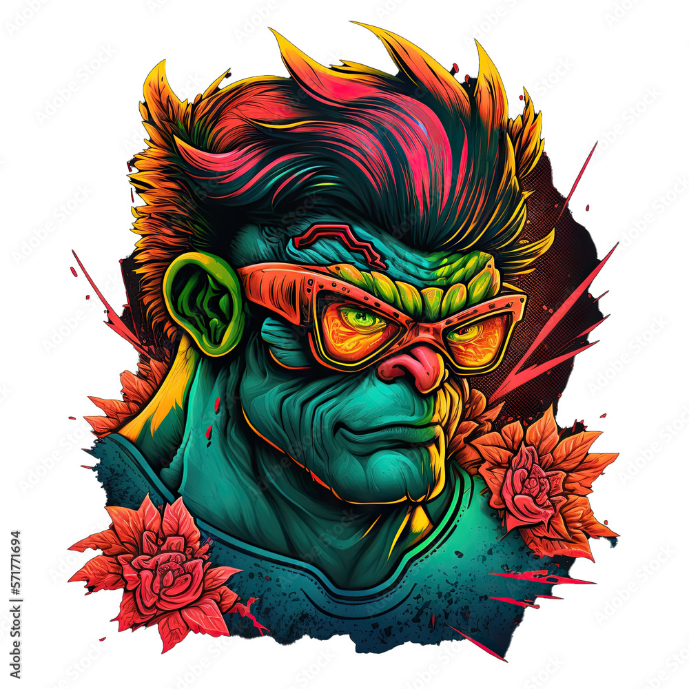 Epic, Unique, and Artistic Cyclops Animal Moscot Sports Team Logo T-Shirt Graphic Design in Tattoo Style with Neon Colors Isolated on Transparent Background PNG generative AI