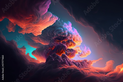 Intense apocalyptic clouds from chemical burning toxic materials, catastrophic deadly fumes creating swirling vortex of blue, purple red colored smoke - generative AI. 