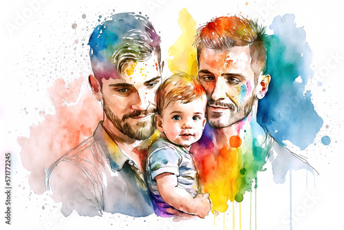 Watercolor illustration about LGBTQ celebration equal love on Valentine's day. Happy couples celebrating pride month with loveable kid and rainbow color palette. Generative AI.