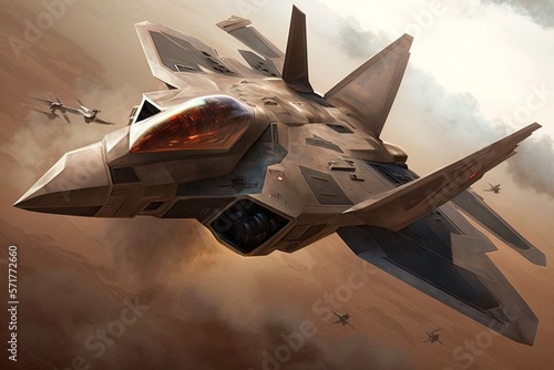 F-22 Raptor in flight with vapor clouds. Illustration of Fighter Jet generative AI