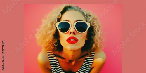 Sensual young brunette wearing sunglasses with red lipstick looking at the camera on pink background. Generative AI