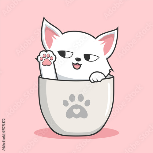 Cat in Mug Illustration With Sunglasses - Cute White Pussy Cat in Cups Mug