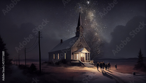 lonely church at night illuminated by the stars with people walking towards it,  AI Generated 
