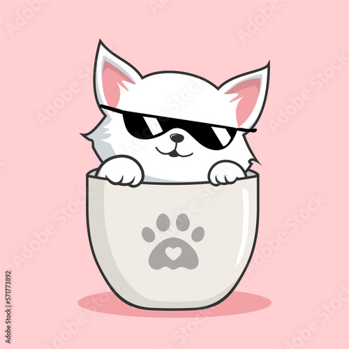 Cat in Mug Illustration With Sunglasses - Cute White Pussy Cat in Cups Mug