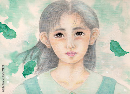 少女のイラスト・緑の背景・つぶらな瞳の少女