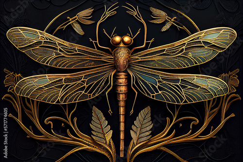 Generative AI: vector golden dragonfly stripes on black background