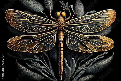 Generative AI: vector golden dragonfly stripes on black background