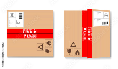 Carton delivery packaging with red adhesive tape marked fragile - Shipment  cardboard box vector illustration