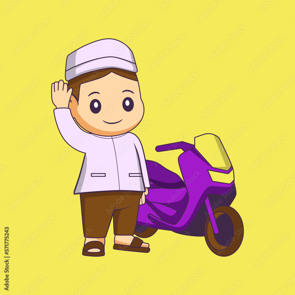 cute cartoons of moslem boy characters going to the mosque by motorbike cute cartoons of moslem boy characters going to the mosque by motorbike
