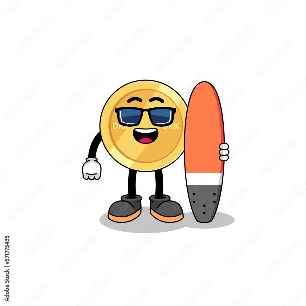 Mascot cartoon of danish krone as a surfer Mascot cartoon of danish krone as a surfer