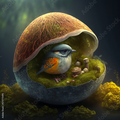 Little bird inside a_mushroom in the forest