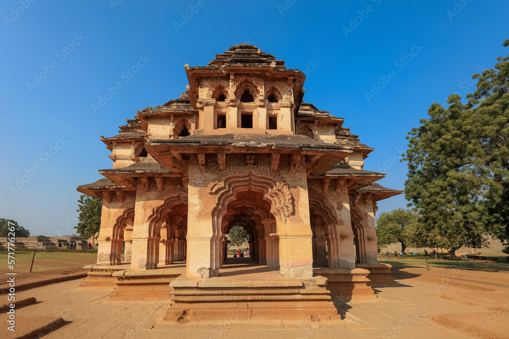Historic Lotus Mahal in Hampi remnants, the structure was used as residue place for royal family of the Vijayanagar Empire.