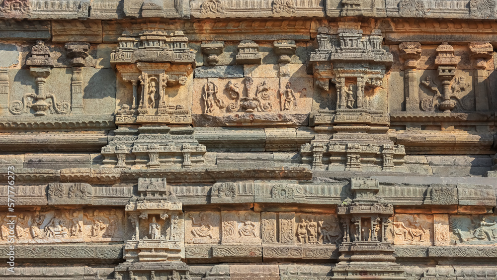 Sculpture on remnants of Hampi ruins in Karnataka, India.