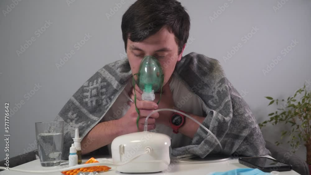 Medical equipment for inhalation with respiratory mask, nebulizer. Man ...