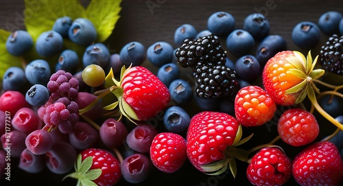 The fruit combines berry with a dark wooden board scene with natural light. AI-generated images