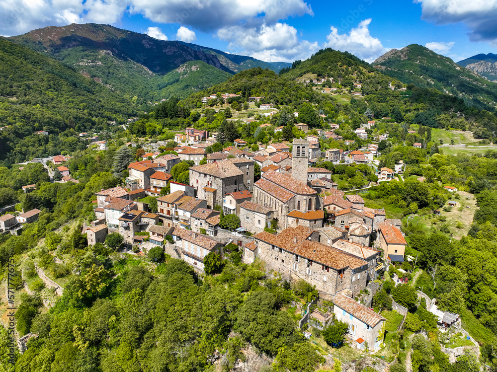 Aerial view of Antraigues sur Volane village in Ardeche, south of France