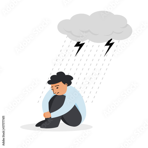 An anxious and worried man sitting under storm clouds, flat vector illustration.