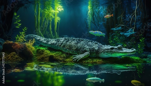 A crocodile in the water with reflections and ripples, and a gator in the wild. Generative Ai.