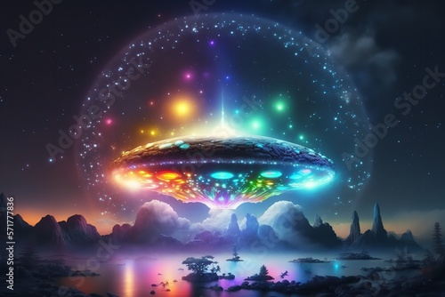 Alien UFO in the sky, jungle. Generative Ai.