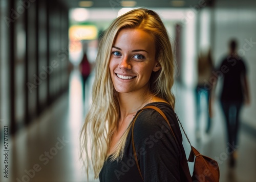 Smiling blonde college student looking at the camera at the University corridors. Generative AI