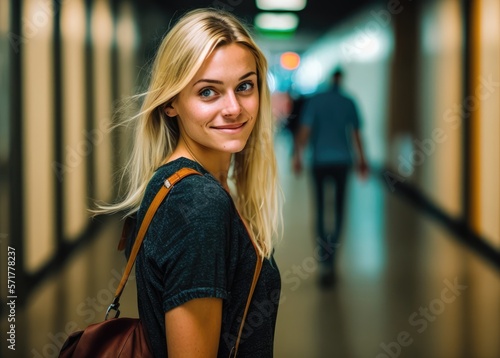 Smiling blonde college student looking at the camera at the University corridors. She is wearing a black top with her sling bag . Generative AI
