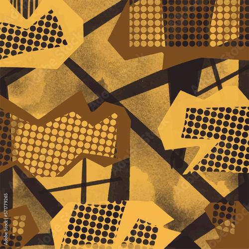 Yellow and brown textured brush stroke and polka dots patten decoration element vector background isolated on square template for social media template, paper and textile scarf print, wrapping paper.