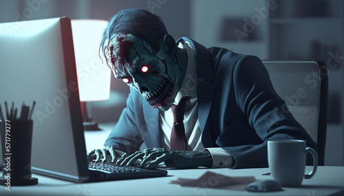 Zombie Office Worker Typing on a Computer Illustration. Working overtime. Burnout. Tired corporate employee. 3D Render. Generative AI. photo