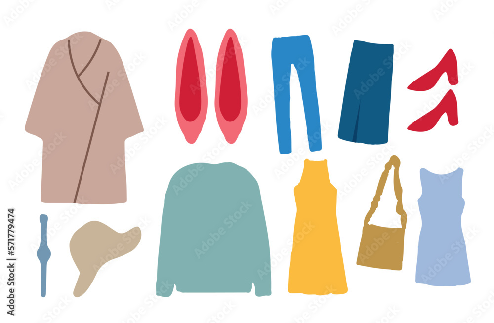 set of modern casual clothes isolated on white, set of bright spring female clothing. Women's apparel. set of modern casual clothes isolated on white, set of bright spring female clothing. Women's apparel.