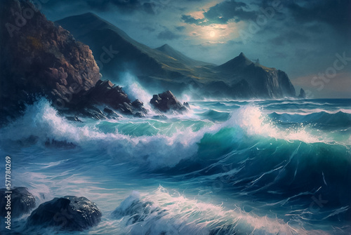 Paint of High Storm Waves Crashing on Rugged Rocks. Generative AI.