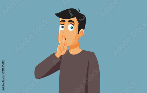 Man with Fingers in the Lips Asking for Silence Vector Illustration. Young guy not talking keeping secrets and private information
