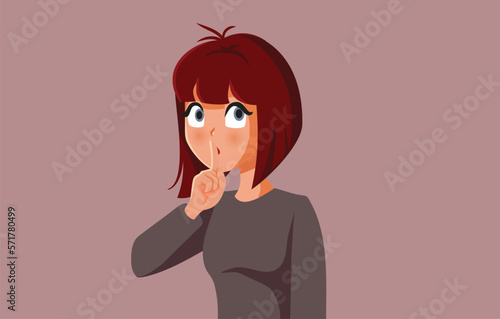 Secretive Woman Keeping her Mouth shut Discreetly Vector Cartoon Illustration. Mysterious girl shutting down rumors asking for silence 
