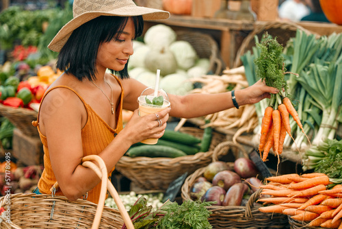 Obraz na plátně Vegetables, market and black woman shopping for grocery, natural and vegan food at small business