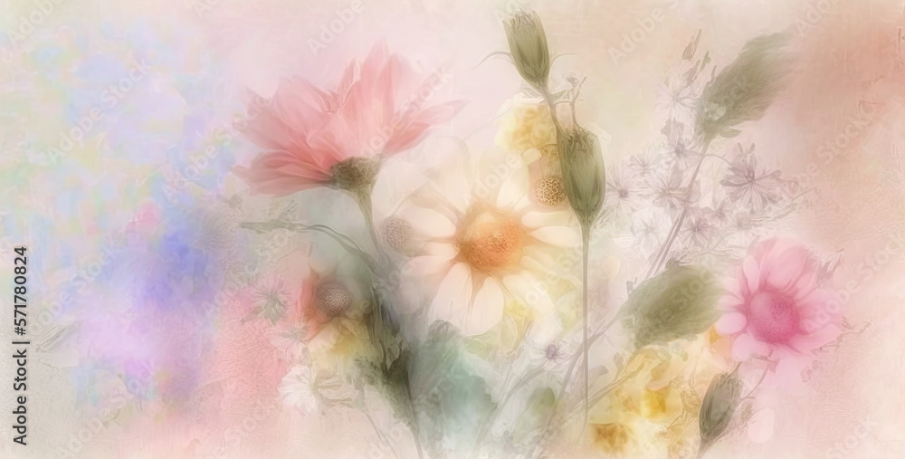painted flowers on a light pastel background for a spring greeting card. Generative AI