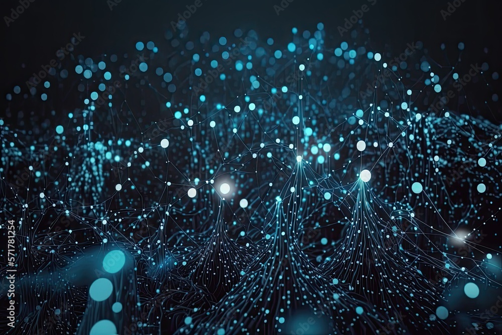 abstract blue or gold dot moving and growing connecting neural network ...