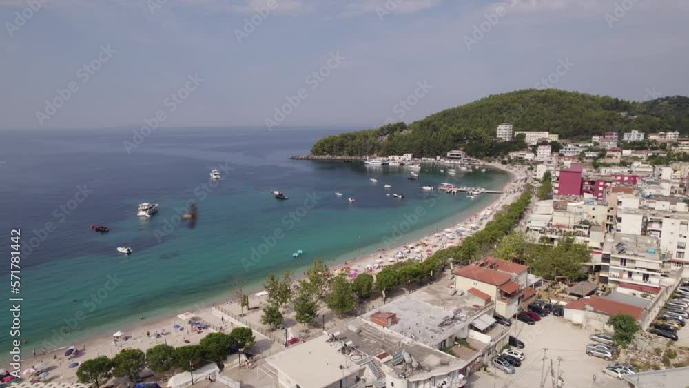 Aerial of the idyllic shoreline of Himare, relaxing getaway in Albania Aerial of the idyllic shoreline of Himare, relaxing getaway in Albania