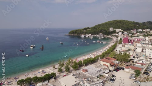 Aerial of the idyllic shoreline of Himare, relaxing getaway in Albania photo